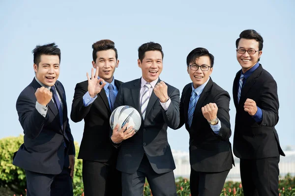 Cheerful White Collar Workers Posing Photography Holding Ball — Stock Photo, Image