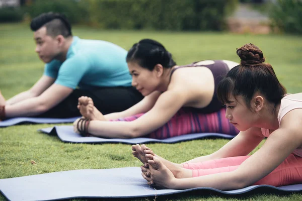 Gruppo Vietnamiti Che Estende All Aperto Flessibilità Yoga — Foto Stock