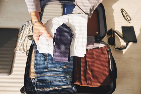 Close Unrecognizable Businessman Packing Suitcase Business Trip — Stock Photo, Image