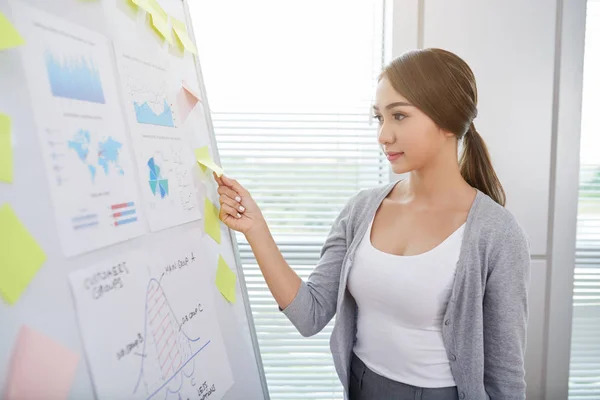 Asiatisk Ung Affärskvinna Klibba Noterar Whiteboard — Stockfoto