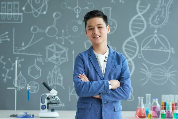 Cheerful Asian School Boy Classroom Blackboard — Stock Photo, Image
