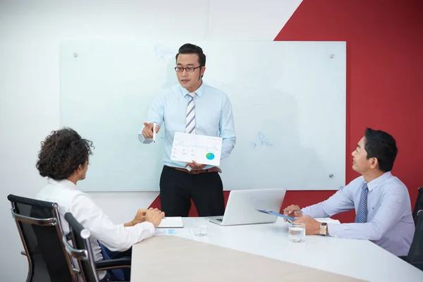 Asiatico Business Trainer Spiegando Diagramma Finanziario Agli Imprenditori — Foto Stock