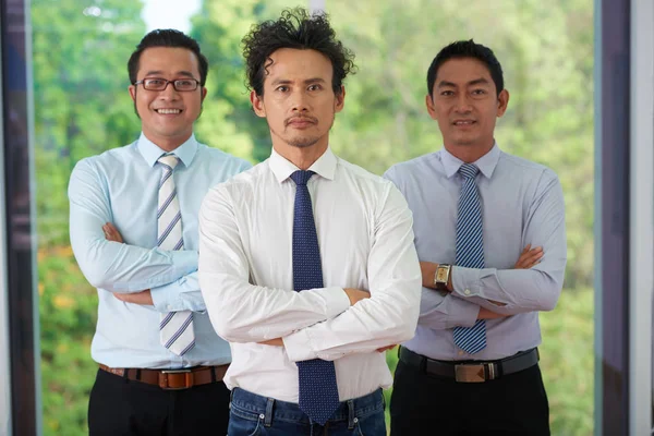 Grupp Säker Asiatiska Affärsmän Som Står Med Sina Armar Korsade — Stockfoto