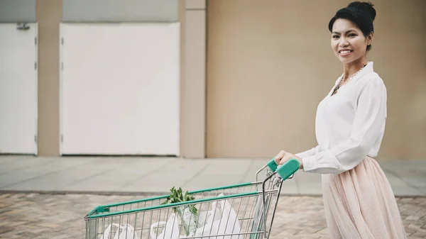漂亮微笑的越南妇女与购物车充满杂货产品 — 图库照片