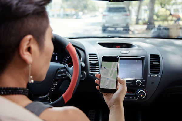 Woman Checking Navigation Application Driving Car View Shoulder — Stock Photo, Image