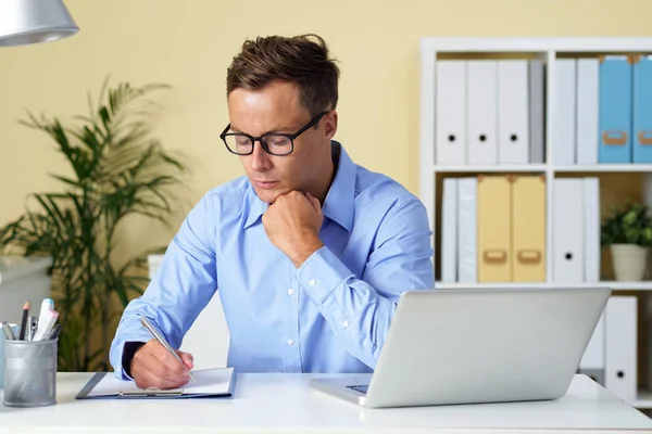 Pensive Man Glasses Filling Business Document Paper — Stock Photo, Image