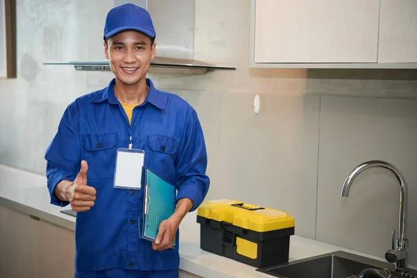 Portrait Happy Young Repairman Kitchen — Stock Photo, Image