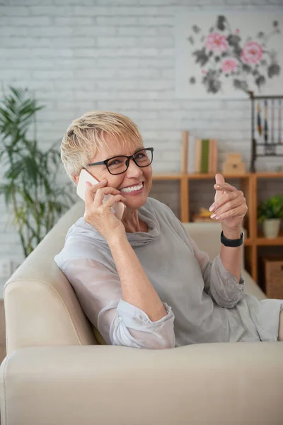 Happy Aged Young Woman Calling Phone — Stock Photo, Image