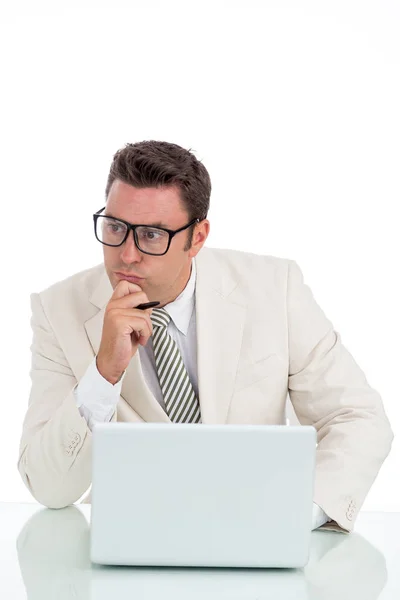 Pensive Mature Businessman Working Laptop Isolated White — Stock Photo, Image