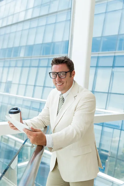 Portrait Cheerful Business Executive Tablet Computer Cup Coffee — Stock Photo, Image