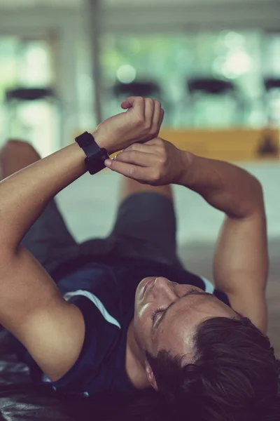 Exhausted Young Sportsman Checking Health App Smart Watch — Stock Photo, Image