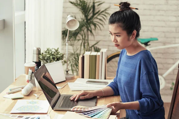 Jonge Vietnamese Web Designer Met Kleurenpalet Bezig Met Laptop Haar — Stockfoto