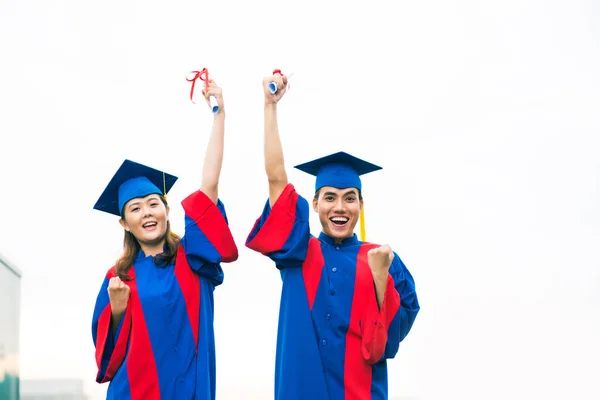 Excited Happy Young Asian People Diplomas — Stock Photo, Image