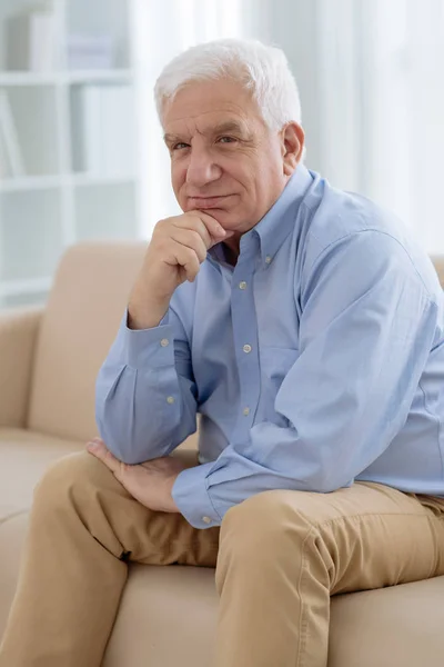 Portrait Pensive Senior Man Resting Sofa — Stock Photo, Image