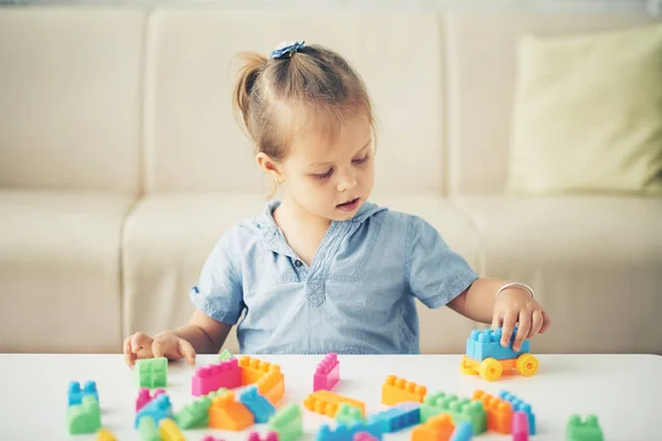 Little Child Playing Colorful Plastic Cubes Home — Stock Photo, Image