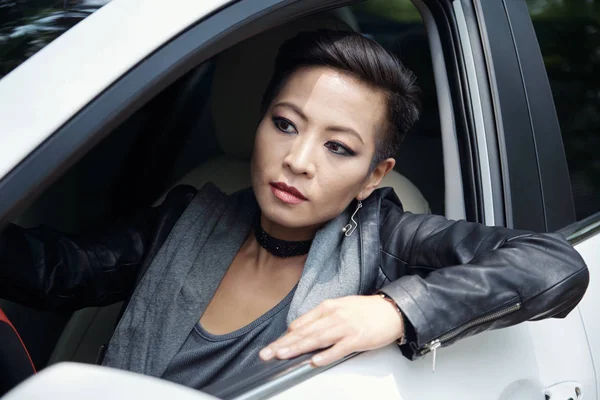 Attractive Stylish Asian Woman Leather Jacket Driving Car — Stock Photo, Image