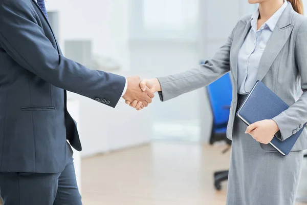 Business Colleagues Shaking Hands While Standing Office — Stock Photo, Image