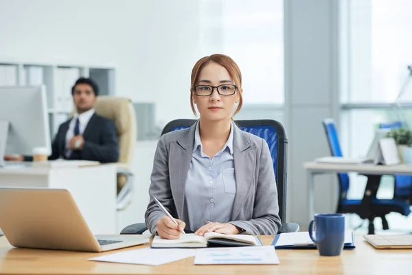 Serious Managers Sitting Workplace Tables Office Looking Camera — Stock Photo, Image