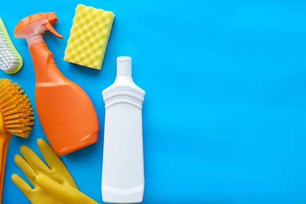 Various House Cleaning Products Blue Background — Stock Photo, Image