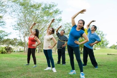 Sırt, parkta egzersiz arkadaş germek için neşeli yaşlı insanlar yan yapıyor viraj 