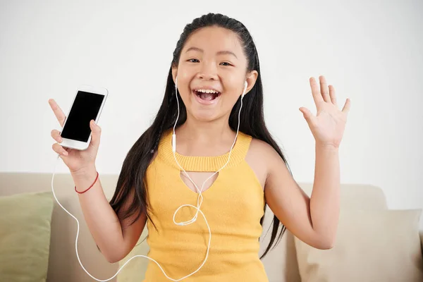 Happy Asian Girl Smile Holding Mobile Phone Using Earphones Listen — Stock Photo, Image