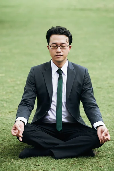 緑の芝生公園で瞑想のスーツでアジア系のビジネスマンの肖像画 — ストック写真