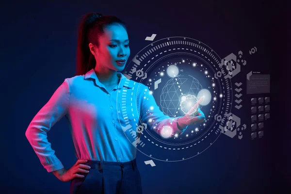 Beautiful Vietnamese Business Lady Using Modern Interface Neon Visualization — Stock Photo, Image