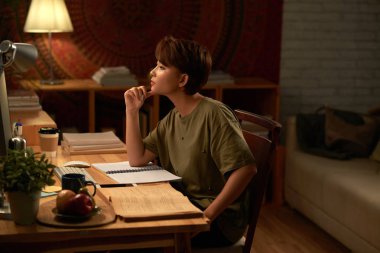 Kadın Üniversitesi öğrenci bilgisayar ekranı ve Not almak bilgi okuma