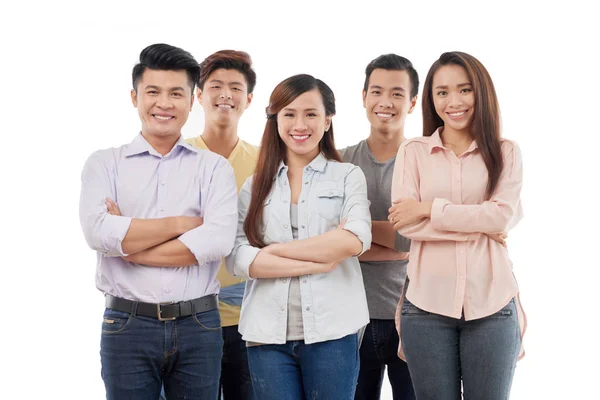 Groep Van Aziatische Mensen Permanent Met Gekruiste Armen Camera Kijken — Stockfoto