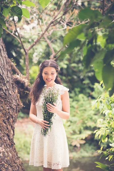 Smiling Asian Lady Dress Holding Flowers Bouquet Standing Forest — Stock Photo, Image