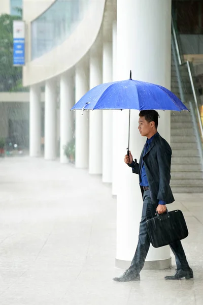 Азиатский Бизнесмен Голубым Зонтиком Открытом Воздухе Дождливую Погоду Ходка Чемоданом — стоковое фото