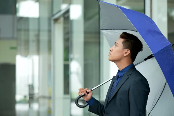 Mavi Şemsiye Açık Havada Ile Asya Işadamı Yağmurlu Bir Gün — Stok fotoğraf