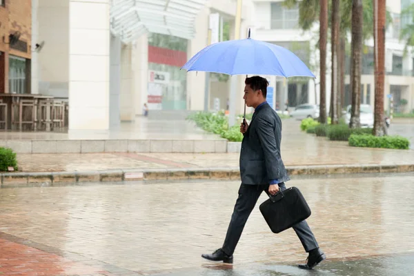 亚洲商人带蓝色雨伞户外雨天天气 — 图库照片