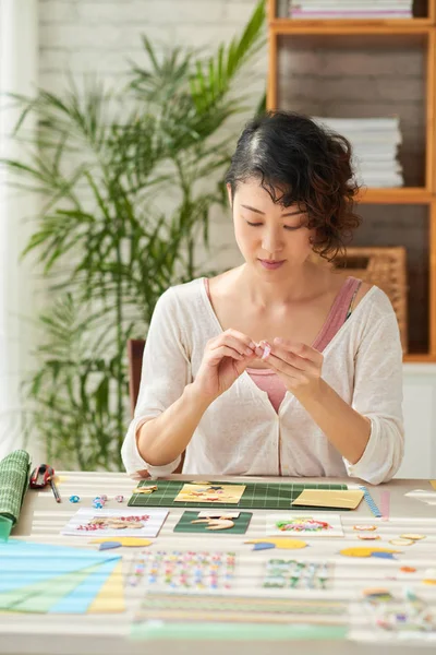 Attractive Asian Designer Sitting Desk Modern Studio Finishing Handmade Home — Stock Photo, Image