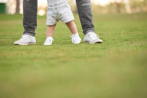 Imagen Recortada Del Hombre Enseñando Pequeño Hijo Caminar Prado Hierba —  Fotos de Stock