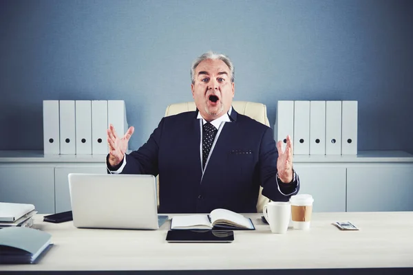 Aged Business Man Sitting Office Desk Table Opened Mouth — Stock Photo, Image