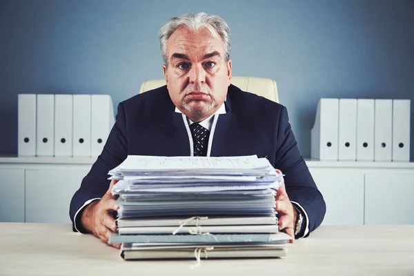 Bored Sleepy Mature Male Dark Business Suit Sitting Office Workplace — Stock Photo, Image