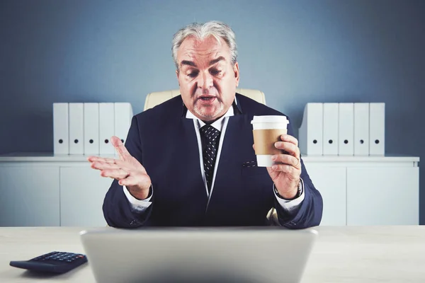 Handsome Relaxed Senior Male Dark Suit Sitting Office Workplace Paper — Stock Photo, Image