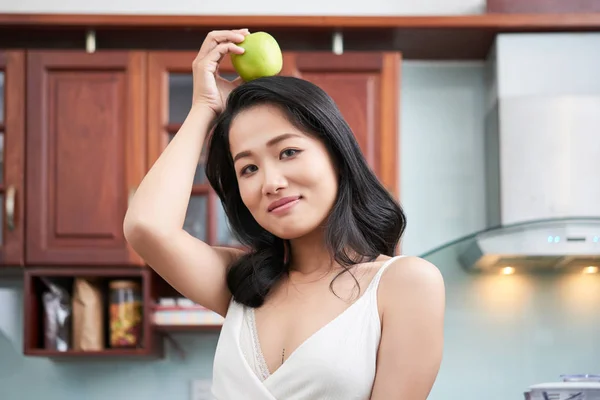 Pretty Asian Woman White Top Holding Green Apple Top Head — Stock Photo, Image