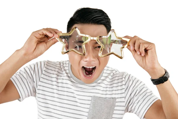 Portrait Young Asian Man Looking Fashionable Star Shaped Sunglasses Yelling — Stock Photo, Image