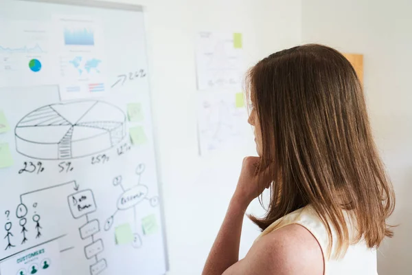 Donna Moderna Che Lavora Ufficio Guardando Lavagna Con Grafico Mentre — Foto Stock