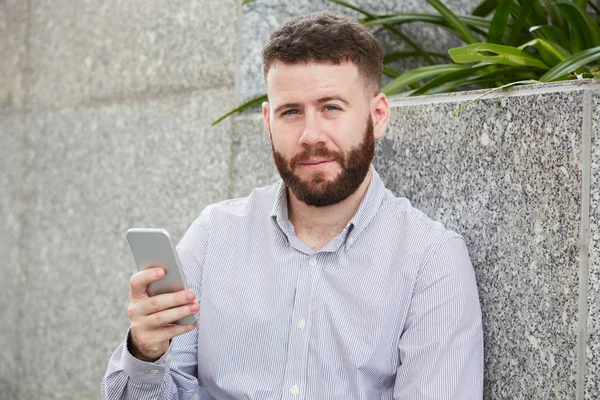 Portrait Positive Handsome Bearded Man Smartphone — Stock Photo, Image