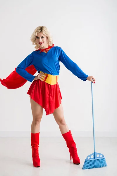 Full Length Portrait Beautiful Caucasian Blonde Superwoman Costume Standing Broom — Stock Photo, Image
