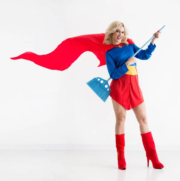 Full Length Portrait Attractive Caucasian Female Superwoman Costume Holding Broom — Stock Photo, Image