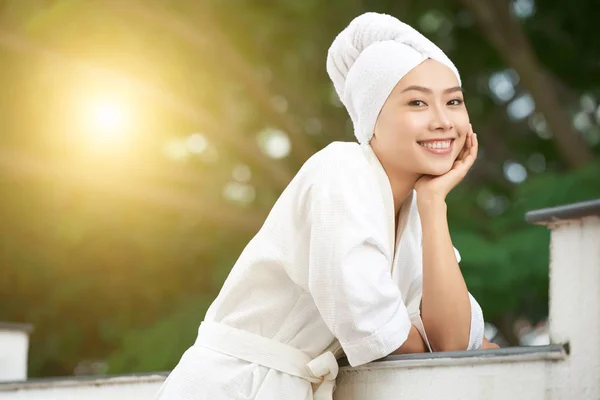 Happy Asian Woman White Towel Head Clear Bathrobe Smiling Camera — Stock fotografie