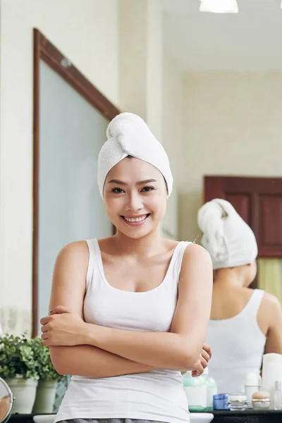 Cheerful Asian Woman Wearing White Towel Head Standing Bathroom Smiling — Stock Photo, Image