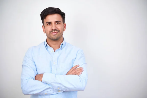 Portrait Confident Young Man Blue Shirt Standing Arms Crossed Isolated — Stock Photo, Image