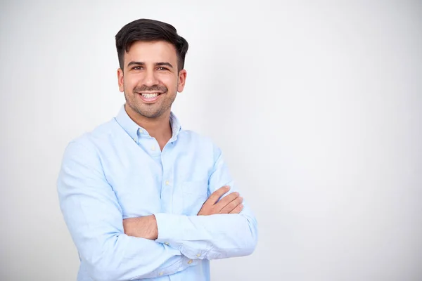 Portrait Happy Dark Haired Man Wearing Blue Shirt Standing Arms — Stock Photo, Image