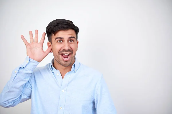 Foto Hombre Morena Feliz 30S Camisa Mueca Cámara Aislada Sobre — Foto de Stock