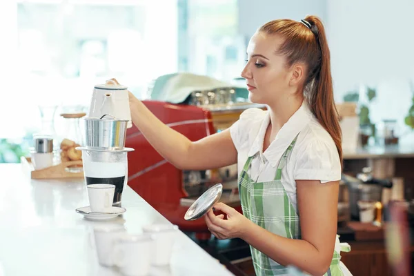 Side View Woman Apron Making Fresh Coffee Hot Water Standing — Stock Photo, Image